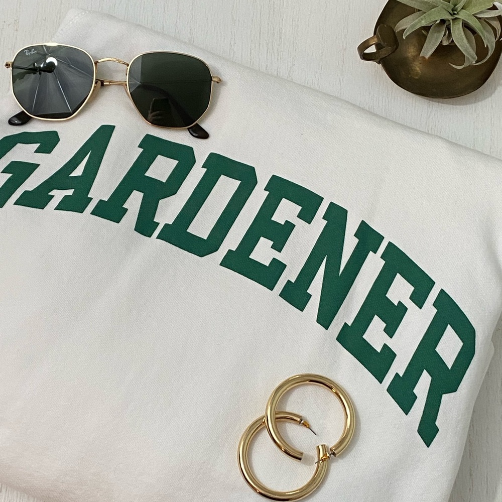J. Crew White Crewneck Sweater with Green 'GARDENER' Graphic
